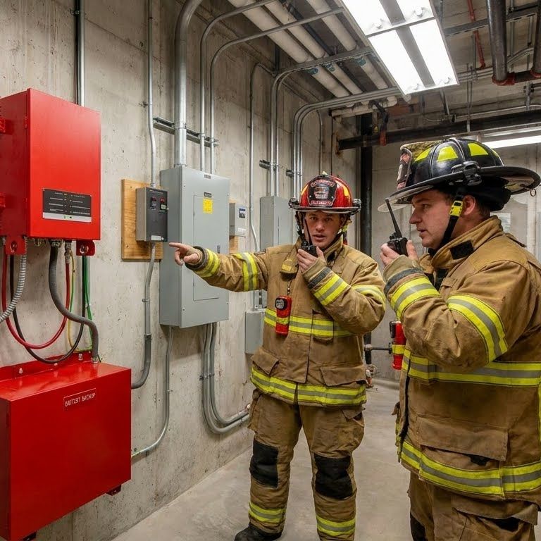 A firefighter pointing out the amplifier enclosure and the battery backup cabinet below it to a colleague.