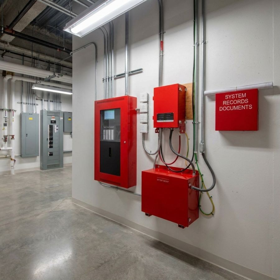 Fire alarm panel, amplifier enclosure and battery backup cabinet mounted together on an equipment room wall.