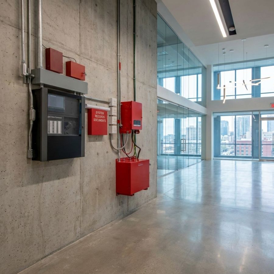 Amplifier and battery backup cabinet installed on the concrete core wall of a high-rise lobby.